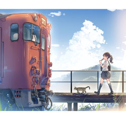 Rule 34 | 1girl, animal, bag, bare arms, black skirt, black socks, brown footwear, brown hair, cat, cloud, commentary request, daito, day, food, food in mouth, from side, grass, holding, holding bag, holding food, kneehighs, letterboxed, loafers, long hair, miniskirt, mountainous horizon, original, outdoors, pleated skirt, ponytail, popsicle, profile, railing, school bag, school uniform, shirt, shoes, short sleeves, shoulder bag, skirt, sky, socks, train, walking, watermelon bar, white shirt