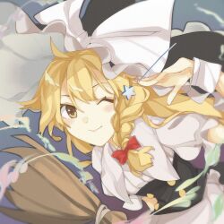 Rule 34 | 1girl, ;), ahoge, black hat, bow, braid, broom, closed mouth, gradient background, hair between eyes, hair bow, hat, hat bow, highres, kirisame marisa, looking at viewer, one eye closed, puffy short sleeves, puffy sleeves, red bow, short sleeves, side braid, smile, solo, star (symbol), touhou, underbust, virno, white bow, witch hat, yellow eyes