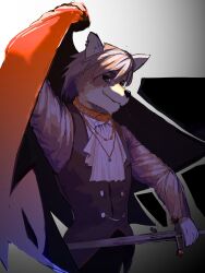 1boy animal_ears ascot black_vest cape commentary dog_boy dog_ears dog_nose ear_piercing furry furry_male gradient_background grey_fur grey_hair halloween halloween_costume highres holding holding_cape holding_sword holding_unworn_clothes holding_weapon jewelry kouya_aotsuki looking_at_viewer male_focus morenatsu necklace piercing red_cape saikorodekimeru shirt smile sword vampire_costume vest weapon white_ascot white_shirt