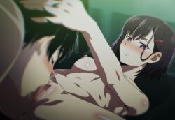 Rule 34 | 1boy, 1girl, asymmetrical bangs, black hair, blurry, blush, breasts, censored, commentary, completely nude, cunnilingus, depth of field, english commentary, foreshortening, hair behind ear, hair ornament, hairclip, hand on another&#039;s head, hetero, highres, lying, medium breasts, mikazuki shizuka, mosaic censoring, navel, nipples, nude, on back, oral, paid reward available, pussy, shiny skin, short hair, spread legs, tendou akira, tongue, tongue out, zom 100: zombie ni naru made ni shitai 100 no koto, zuharu