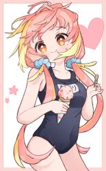 Rule 34 | 1girl, alternate costume, black one-piece swimsuit, blonde hair, blush, breasts, brown eyes, closed mouth, commentary request, covered navel, cowboy shot, emongo, food, hair ornament, hair scrunchie, heart, hira hikari, holding, holding food, holding ice cream, ice cream, ice cream cone, ice cream spoon, long hair, looking at viewer, low twintails, medium bangs, medium breasts, name tag, nanashi inc., one-piece swimsuit, pink hair, scrunchie, simple background, smile, solo, spoon, star (symbol), swimsuit, twintails, virtual youtuber, white background