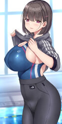 Rule 34 | 1girl, absurdres, backlighting, black hair, black pants, blue one-piece swimsuit, breasts, clothes lift, competition swimsuit, covered navel, ear piercing, from side, grey sweater, hair ornament, hairclip, high-waist pants, highres, large breasts, long sleeves, looking at viewer, looking to the side, mizunashi kenichi, one-piece swimsuit, original, pants, piercing, pool, purple eyes, short hair, solo, sweater, sweater lift, swimsuit, swimsuit under clothes, thighs