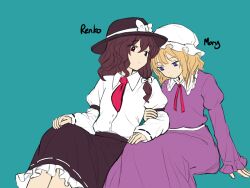 2girls arm_support black_hat black_skirt blue_background blue_eyes brown_eyes brown_hair commentary_request dress fedora frilled_skirt frills hat highres juliet_sleeves long_sleeves maribel_hearn medium_hair mh_(merryhime) mob_cap multiple_girls neck_ribbon necktie puffy_sleeves purple_dress red_necktie red_ribbon ribbon sash shirt sitting skirt touhou usami_renko white_hat white_sash white_shirt