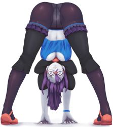 Rule 34 | 10s, 1girl, ass, barbariank, black pantyhose, bracelet, breasts, colored skin, company connection, creatures (company), crotch seam, detached leggings, elite four, flats, from behind, full body, fusion, game freak, glasses, grey eyes, hanging breasts, highres, hip focus, jewelry, kneepits, large breasts, legs, long hair, looking at viewer, looking through own legs, mary janes, md5 mismatch, midriff, navel, nintendo, pale skin, panties, panties under pantyhose, pantyhose, pokemon, pokemon bw, purple hair, red footwear, round eyewear, shauntal (pokemon), shoes, solo, sweatdrop, tank top, thighhighs, thighhighs over pantyhose, transparent background, underwear, upside-down, white panties, white skin, wii fit, wii fit trainer, wii fit trainer (female)