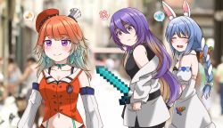 Rule 34 | 3girls, absurdres, anger vein, angry, animal ear fluff, animal ears, black gloves, blue hair, blurry, blurry background, bow, breasts, carrot, catfight, chef hat, clenched hand, closed eyes, crazy eyes, detached sleeves, distracted boyfriend (meme), eyebrows hidden by hair, food-themed hair ornament, gloves, gradient hair, green hair, hair bow, hair ornament, hat, highres, holding, holding sword, holding weapon, hololive, hololive english, hololive indonesia, jan azure, looking back, medium breasts, meme, minecraft, minecraft sword, moona hoshinova, multicolored hair, multiple girls, musical note, navel, open mouth, orange hair, photo background, purple eyes, purple hair, rabbit ears, rabbit girl, short eyebrows, spoken anger vein, spoken musical note, spoken sweatdrop, sweatdrop, sword, takanashi kiara, usada pekora, usada pekora (1st costume), virtual youtuber, weapon, white bow, white hair