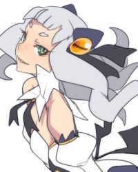 Rule 34 | 1girl, ban! (bansankan), blue eyes, breasts, chaos code, cleavage, cthylla (chaos code), detached sleeves, grey hair, grin, hair ornament, highres, long hair, looking at viewer, simple background, smile, solo, teeth, white background