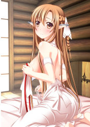 Rule 34 | 10s, 1girl, ankle lace-up, armband, asuna (sao), asuna (sao-alo), back, barefoot, blonde hair, blush, braid, breasts, brown eyes, censored, censored nipples, choker, convenient censoring, cross-laced footwear, elf, large breasts, long hair, looking at viewer, looking back, on bed, pointy ears, ribbon choker, sitting, skirt, smile, solo, sword art online, titania (sao), topless, umitsubame, undressing, veil, very long hair, wariza, wooden floor