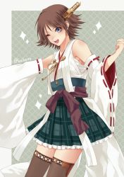 Rule 34 | 10s, 1girl, ;d, bad id, bad pixiv id, blue eyes, brown hair, headgear, hiei (kancolle), japanese clothes, kake (kuromitsu), kantai collection, nontraditional miko, one eye closed, open mouth, short hair, smile