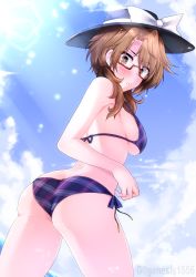 Rule 34 | 1girl, :o, ass, bare shoulders, bikini, black hat, blue ribbon, blue sky, blush, bow, breasts, brown eyes, brown hair, butt crack, cloud, commission, cowboy shot, day, dimples of venus, from behind, g (genesis1556), glasses, hat, hat bow, highres, large breasts, leaning forward, lens flare, long hair, looking at viewer, looking back, low twintails, outdoors, parted lips, pixiv commission, plaid, plaid bikini, purple bikini, rectangular eyewear, red-framed eyewear, ribbon, semi-rimless eyewear, side-tie bikini bottom, sideboob, skindentation, sky, solo, strap gap, sunlight, swimsuit, thighhighs, touhou, twintails, under-rim eyewear, underboob, usami sumireko, v-shaped eyebrows, white bow