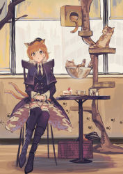 Rule 34 | 1girl, absurdres, animal, animal ears, arknights, basket, black capelet, black dress, black hat, black necktie, black thighhighs, blouse, brown hair, cake, cake slice, capelet, cat, cat ears, cat girl, cat tail, cat tower, claw (weapon), collared shirt, cup, dress, food, full body, green eyes, hat, highres, indoors, looking at viewer, mini hat, mousse (arknights), multicolored hair, multiple tails, natsuba002, necktie, orange hair, paw print, shirt, sitting, solo, tail, thighhighs, triangle mouth, two tails, weapon, white hair, white shirt