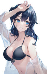 Rule 34 | 1girl, arm up, bare shoulders, bikini, black bikini, black hair, blue eyes, breasts, cleavage, collarbone, earrings, front-tie bikini top, front-tie top, grin, halterneck, highres, jewelry, long hair, looking at viewer, medium breasts, mole, mole under eye, navel, off shoulder, open clothes, original, see-through, simple background, smile, solo, stomach, strap gap, string bikini, swimsuit, ttosom, upper body, white background