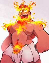 Rule 34 | 1boy, angry, bara, beard stubble, belly, blank eyes, boku no hero academia, burning clothes, endeavor (boku no hero academia), facial hair, fire, highres, kalls (morekalls), large pectorals, male focus, mature male, muscular, muscular male, oversized limbs, pectorals, penis, penis peek, pyrokinesis, scar, scar across eye, short hair, shouting, sideburns, solo, sparse chest hair, spiked hair, stubble, thick eyebrows, topless male, towel