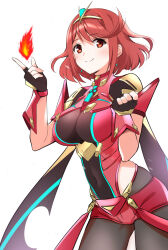 Rule 34 | 1girl, armor, arms at sides, backless outfit, black gloves, bob cut, breasts, chest jewel, core crystal (xenoblade), drop earrings, earrings, fingerless gloves, gloves, gluteal fold, hands up, highres, impossible clothes, jewelry, large breasts, misu kasumi, nintendo, pantyhose, pantyhose under shorts, pyra (xenoblade), red eyes, red hair, red shorts, short hair, short shorts, short sleeves, shorts, shoulder armor, skindentation, smile, solo, super smash bros., swept bangs, thighhighs, thighhighs over pantyhose, tiara, xenoblade chronicles (series), xenoblade chronicles 2