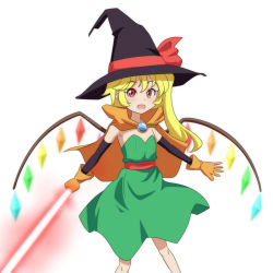 Rule 34 | 1girl, blonde hair, bow, cape, cato (monocatienus), cosplay, crystal, dragon quest, dragon quest iii, dress, elbow gloves, energy sword, eyebrows, fang, flandre scarlet, flat chest, gloves, green dress, hat, hat bow, jewelry, looking at viewer, mage (dq3), mage (dq3) (cosplay), open mouth, orange gloves, red bow, red eyes, side ponytail, simple background, smile, solo, standing, sword, touhou, weapon, white background, witch hat