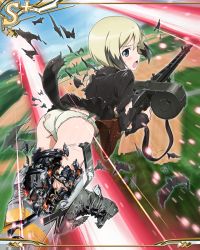 Rule 34 | 1girl, animal ears, ass, back, cloud, erica hartmann, female focus, flying, neuroi, official art, outdoors, panties, plant, sky, solo, strike witches, striker unit, underwear, war, world witches series