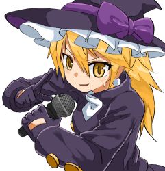 Rule 34 | 1boy, black gloves, black hat, black jacket, blonde hair, bow, commentary request, cookie (touhou), genderswap, genderswap (ftm), gloves, hair between eyes, hat, hat bow, highres, holding, holding microphone, jacket, kirisame marisa, long hair, looking at viewer, male focus, microphone, nob1109, open mouth, purple bow, rei (cookie), simple background, solo, touhou, trap, upper body, white background, witch hat, yellow eyes