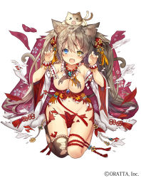 Rule 34 | &gt; &lt;, 1girl, animal ears, arms up, bare shoulders, blue eyes, blush, bracelet, braid, breasts, brown hair, cat ears, cat tail, chloris garden, cleavage, closed eyes, company name, dress, fang, flower, french braid, frills, hair ornament, heterochromia, jewelry, large breasts, long hair, looking at viewer, madogawa, magatama, multicolored hair, multiple tails, navel, necklace, nekomata, official art, open mouth, original, sash, seiza, shouji, simple background, single thighhigh, sitting, sliding doors, solo, tabi, tail, thighhighs, torn clothes, twintails, two-tone hair, two tails, white background, wide sleeves, yellow eyes