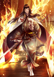 Rule 34 | 1girl, absurdres, black hair, brown eyes, brown hair, candle, cape, fire, full body, glint, highres, holding, holding weapon, indoors, original, solo, standing, ushi 424, weapon, white cape, white legwear, wide sleeves