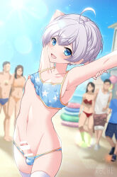 Rule 34 | 2girls, 4boys, armpits, arms up, artist request, beach, bikini, bikini top lift, blue eyes, blush, bulge, censored, clothes lift, covered erect nipples, crossdressing, erection, exhibitionism, harusaki roshu, highres, looking at viewer, male focus, multiple boys, multiple girls, navel, nipple slip, nipples, open mouth, original, outdoors, penis, penis in swimsuit, public indecency, short hair, solo, swimsuit, thighhighs, trap, white hair