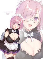 Rule 34 | 1girl, alternate costume, apron, arms behind back, artist name, black-framed eyewear, black dress, black thighhighs, blush, bow, breasts, cleavage, dress, elbow gloves, eyes visible through hair, fate/grand order, fate (series), frills, glasses, gloves, hair over one eye, highres, holding, lips, looking at viewer, lucidsky, maid, maid headdress, mash kyrielight, medium breasts, pink hair, purple eyes, shiny skin, short hair, short twintails, simple background, sleeveless, sleeveless dress, solo, thighhighs, tray, twintails, waist apron, white background, zettai ryouiki, zoom layer