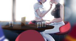 absurdres breasts cup firen_inferno highres hololive hololive_indonesia moona_hoshinova navel open_mouth pavolia_reine purple_hair self-upload shirt sitting table virtual_youtuber white_hair white_shirt