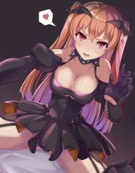 Rule 34 | 1girl, black dress, black gloves, blush, breasts, brown eyes, cleavage, dress, gloves, hair between eyes, halloween, halloween costume, heart, highres, johnston (kancolle), kantai collection, large breasts, light brown hair, long hair, long sleeves, looking at viewer, official alternate costume, open mouth, solo, spoken heart, takashi (nougyou), two side up