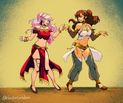 Rule 34 | 2girls, bare shoulders, blush, bracelet, braid, breasts, brown hair, cosplay, costume switch, crossover, dancer, dancing, fire emblem, fire emblem awakening, full body, gloves, green eyes, hair ornament, hairband, hectoremblem, highres, jewelry, long hair, looking at viewer, midriff, multiple girls, navel, necklace, nintendo, octopath traveler, octopath traveler i, olivia (fire emblem), olivia (fire emblem) (cosplay), open mouth, pink hair, ponytail, primrose azelhart, simple background, smile, twin braids