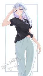 Rule 34 | 1girl, absurdres, black shirt, blush, character request, copyright request, feet out of frame, grey hair, grin, hair ornament, hairclip, highres, korean text, long hair, looking at viewer, okey, pants, salute, shirt, smile, solo, sweatpants, t-shirt, virtual youtuber, white pants, x hair ornament