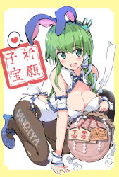 Rule 34 | 1girl, alternate costume, animal ears, bare shoulders, blush, breasts, rabbit ears, rabbit tail, cleavage, detached collar, ema, frog hair ornament, gohei, green eyes, green hair, hair ornament, heart, high heels, kochiya sanae, large breasts, long hair, matching hair/eyes, oonusa, open mouth, pantyhose, playboy bunny, puuakachan, smile, snake, snake hair ornament, solo, spoken heart, tail, text focus, touhou, translation request, wrist cuffs