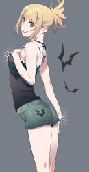 Rule 34 | 1girl, animal print, arched back, bat (animal), bat print, black shirt, blonde hair, camisole, commentary, denim, denim shorts, grey background, grey shorts, hand on own ass, hand on own chest, henken, highres, looking at viewer, open mouth, original, print shorts, red eyes, shirt, short hair, short ponytail, short shorts, shorts, sidelocks, sienna (henken), simple background, smile, solo, standing, swept bangs