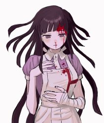 Rule 34 | 1girl, apron, bandaged arm, bandages, bare arms, black hair, blood, blood on clothes, blood on face, blunt bangs, blush, danganronpa (series), danganronpa 2: goodbye despair, dress, grey apron, grey background, highres, long hair, mole, mole under eye, nosebleed, nurse, parted lips, pink shirt, puffy short sleeves, puffy sleeves, renshu usodayo, shirt, short sleeves, simple background, solo, tsumiki mikan, upper body