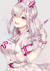 Rule 34 | 1girl, :d, bad id, bad pixiv id, bandaged arm, bandages, blush, breasts, cross, eyes visible through hair, from side, gloves, grey background, hair ornament, hair over one eye, hat, highres, holding, holding syringe, large breasts, long hair, looking at viewer, looking to the side, me meel, mole, mole under eye, nijisanji, nurse, nurse cap, open mouth, purple eyes, short sleeves, silver hair, smile, solo, sukoya kana, syringe, teeth, twintails, upper body, virtual youtuber, white gloves, wing collar, x hair ornament