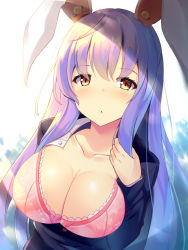 Rule 34 | 1girl, absurdres, animal ears, black jacket, blazer, blush, bra, breasts, breasts out, cleavage, collarbone, commentary request, floral print, hair between eyes, hand up, highres, holding, holding own hair, jacket, large breasts, liya, long hair, long sleeves, looking at viewer, parted lips, pink bra, purple hair, rabbit ears, red eyes, reisen udongein inaba, shiny skin, sidelocks, solo, touhou, underwear, upper body, very long hair