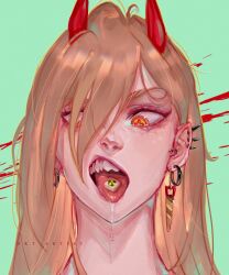 Rule 34 | 1girl, artist name, artistdkt, blood, blood splatter, chainsaw man, cropped head, cross-shaped pupils, drooling, ear piercing, ear spike, earrings, green background, hair over one eye, hand saw, highres, horns, jewelry, looking down, open mouth, piercing, power (chainsaw man), radiation symbol, red horns, saliva, saw, sharp teeth, simple background, solo, symbol-shaped pupils, teeth, yellow eyes