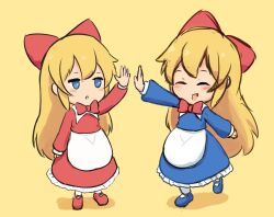 Rule 34 | :o, apron, blonde hair, blue dress, blue eyes, blue footwear, bow, character name, closed eyes, doll, dress, ferdy&#039;s lab, frilled apron, frills, hair bow, hourai doll, jitome, long hair, long sleeves, mary janes, mini person, minigirl, open mouth, red bow, red dress, red footwear, shanghai doll, shoes, simple background, standing, touhou, very long hair, waist apron, yellow background