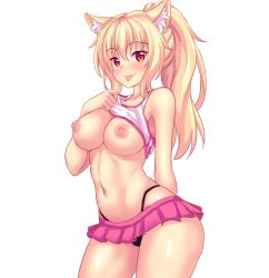 Rule 34 | 1girl, :p, animal ear fluff, animal ears, black panties, blonde hair, blush, breasts, cat ears, clothes lift, cowboy shot, highleg, highleg panties, highres, large breasts, lifting own clothes, long hair, looking at viewer, microskirt, navel, nipples, nottytiffy, original, panties, pink skirt, pleated skirt, ponytail, red eyes, shirt lift, simple background, skirt, slit pupils, solo, standing, tiffy (nottytiffy), tongue, tongue out, underwear, white background