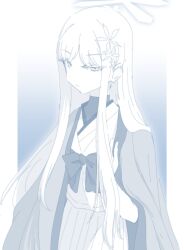 Rule 34 | 1girl, blue archive, blue theme, closed mouth, hair ornament, halo, haori, hariyaa, highres, japanese clothes, long hair, looking at viewer, monochrome, nagusa (blue archive), parted bangs, pleated skirt, sidelocks, skirt, snowflake hair ornament, solo