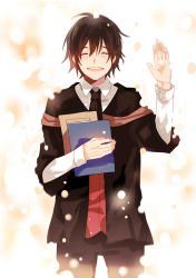 Rule 34 | 10s, 1boy, ^ ^, ansatsu kyoushitsu, bad id, bad pixiv id, black necktie, black pants, blurry, blush, book, closed eyes, collared shirt, cowboy shot, glowing, holding, holding book, koro-sensei, light particles, long sleeves, male focus, necktie, open mouth, pants, red medicine, shirt, smile, solo, spoilers, white background, white shirt