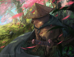 Rule 34 | absurdres, animal, animal focus, artstation username, brown hair, cape, cheemsburger (doge), commentary, day, dog, doge, english commentary, galopes, grass, hat, highres, katana, motion blur, no humans, original, outdoors, petals, rice hat, sheath, sheathed, stone, sword, tearing up, tree, watermark, weapon, web address, wind