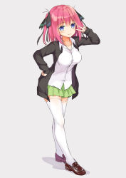 Rule 34 | 1girl, bad id, bad pixiv id, black jacket, black ribbon, blue eyes, blush, breasts, brown footwear, cannian dada, closed mouth, collared shirt, commentary request, dress shirt, fingernails, full body, go-toubun no hanayome, green skirt, grey background, hair between eyes, hair ribbon, hand up, jacket, loafers, medium breasts, nail polish, nakano nino, open clothes, open jacket, pink hair, pleated skirt, ribbon, shadow, shirt, shoes, sidelocks, simple background, skirt, smile, solo, standing, thighhighs, two side up, v, white shirt, white thighhighs