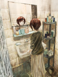Rule 34 | 1girl, absurdres, bathroom, brown hair, brown shirt, brown skirt, brushing teeth, commentary, english commentary, feet out of frame, highres, indoors, industrial pipe, long skirt, mirror, original, reflection, shirt, short hair, sink, skirt, sleeves rolled up, soap bottle, solo, standing, tile floor, tile wall, tiles, toothbrush, yuu akine