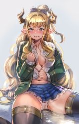 Rule 34 | 1girl, black thighhighs, blonde hair, blue eyes, blue skirt, blush, bow, bow (bhp), bra, breasts, clenched teeth, collared shirt, copyright request, draph, granblue fantasy, green jacket, grey background, hair bow, hand up, horns, jacket, large breasts, long hair, long sleeves, looking at viewer, miniskirt, open clothes, open jacket, panties, pee, peeing, peeing self, pleated skirt, pointy ears, razia, shirt, simple background, sitting, skirt, solo, tears, teeth, thighhighs, underwear, wariza, white panties, white shirt, wing collar