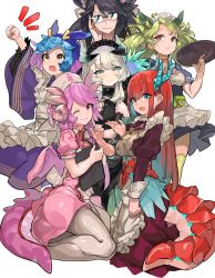 Rule 34 | 6+girls, :d, ;), adjusting eyewear, animal ears, apron, black dress, black hair, black horns, blue eyes, blue hair, blue horns, bow, braid, breasts, broom, brown choker, brown eyes, buttons, chamber dragonmaid, choker, cleavage, cleavage cutout, clenched hand, clipboard, clothing cutout, collar, commentary request, dragon ears, dragon girl, dragon horns, dragon tail, dragon wings, dragonmaid (yu-gi-oh!), dress, duel monster, fang, flat chest, frilled apron, frilled collar, frills, full body, glasses, glint, green hair, green horns, green legwear, green sash, green wings, grey eyes, grey legwear, hair between eyes, hair bow, hair ornament, hair over shoulder, hair rings, hat, highres, holding, holding broom, holding clipboard, holding tray, horns, house dragonmaid, index finger raised, japanese clothes, kimono, kitchen dragonmaid, kneeling, lace-trimmed apron, lace trim, large breasts, laundry dragonmaid, leaf hair ornament, long dress, long hair, long sleeves, looking at viewer, looking to the side, maid, maid apron, maid headdress, medium breasts, mixed maids, monster girl, multicolored hair, multiple girls, notice lines, nurse cap, nurse dragonmaid, one eye closed, open mouth, pantyhose, parlor dragonmaid, pink dress, pink hair, pink horns, pink wings, puffy long sleeves, puffy short sleeves, puffy sleeves, purple hair, purple kimono, purple neckwear, red dress, red hair, sai no kawara, sash, short dress, short hair, short sleeves, sidelocks, silver hair, single braid, sitting, slit pupils, smile, standing, swept bangs, tail, teeth, thighhighs, transparent background, tray, upper teeth only, wa maid, white bow, wide sleeves, wings, yellow eyes, yellow horns, yokozuwari, yu-gi-oh!, zettai ryouiki