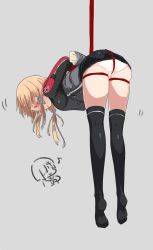 Rule 34 | 10s, 1girl, anchor hair ornament, ass, bdsm, black thighhighs, blonde hair, blush, bondage, bound, crotch rope, full body, grey background, hair ornament, hamakaze (kancolle), highres, kantai collection, kei (soundcross), low twintails, no shoes, panties, pleated skirt, prinz eugen (kancolle), restrained, rope, shibari, sketch, skirt, solo, suspension, thighhighs, thighs, twintails, underwear, white panties