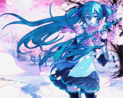 Rule 34 | bad id, bad pixiv id, cherry blossoms, detached sleeves, hatsune miku, kaburaya, long hair, necktie, reaching, skirt, solo, thighhighs, twintails, vocaloid, wind