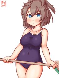 Rule 34 | 1girl, alternate costume, artist logo, blue eyes, blue one-piece swimsuit, breasts, brown hair, cleaning brush, commentary request, competition school swimsuit, covered navel, cowboy shot, dated, holding, kanon (kurogane knights), kantai collection, large breasts, long hair, messy hair, one-hour drawing challenge, one-piece swimsuit, school swimsuit, sheffield (kancolle), simple background, solo, swimsuit, white background