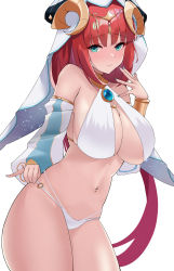Rule 34 | 1girl, absurdres, alternate breast size, aqua eyes, bare shoulders, breasts, cleavage, detached sleeves, gem, genshin impact, green eyes, hand up, harem outfit, headdress, highres, horns, large breasts, looking at viewer, musicatopos, nail polish, navel, nilou (genshin impact), puffy sleeves, red hair, revealing clothes, solo, thighs