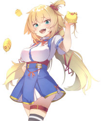 Rule 34 | 1girl, akai haato, akai haato (1st costume), blonde hair, blue eyes, blue skirt, blush, breasts, haaton (akai haato), hair between eyes, hair ornament, hair ribbon, heart, heart hair ornament, high-waist skirt, hololive, large breasts, long hair, looking at viewer, moritatsu, one side up, open mouth, pleated skirt, red ribbon, ribbon, shirt, short sleeves, simple background, skindentation, skirt, smile, smug, solo, striped clothes, striped thighhighs, stuffed animal, stuffed pig, stuffed toy, thigh strap, thighhighs, two-tone skirt, underbust, very long hair, virtual youtuber, white background, white shirt