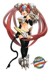 Rule 34 | 1girl, black gloves, black thighhighs, boris (noborhys), breasts, earrings, elbow gloves, fangs, gloves, hand puppet, highres, jewelry, liger zero falcon, long hair, mecha musume, medium breasts, midriff, navel, personification, puppet, red hair, solo, thighhighs, twintails, very long hair, whip, white background, yellow eyes, zoids, zoids fuzors