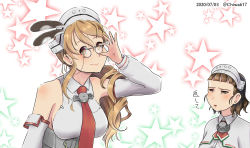 Rule 34 | 2girls, bespectacled, blunt bangs, borrowed clothes, brown eyes, brown hair, capelet, chiwa (chiwa0617), dated, detached sleeves, eyewear strap, glasses, headdress, highres, kantai collection, littorio (kancolle), long hair, looking at viewer, multiple girls, necktie, no eyewear, one-hour drawing challenge, pince-nez, ponytail, red neckwear, roma (kancolle), shirt, short hair, sleeveless, sleeveless shirt, star (symbol), starry background, twitter username, upper body, wavy hair, white background